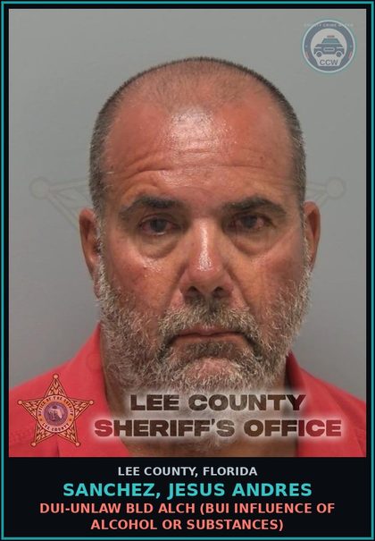 CCW arrest card for SANCHEZ, JESUS ANDRES in Lee County: DUI-UNLAW BLD ALCH  (BUI INFLUENCE OF ALCOHOL OR DRUGS)