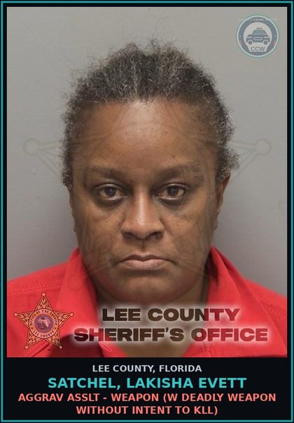 CCW arrest card for SATCHEL, LAKISHA EVETT in Lee County: AGGRAV ASSLT - WEAPON  (W DEADLY WEAPON WITHOUT INTENT TO KILL)