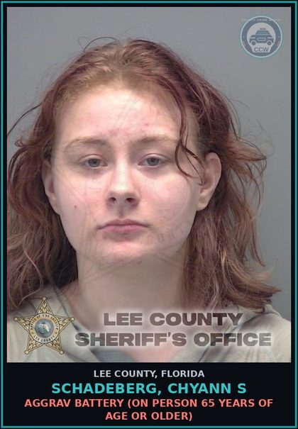 CCW arrest card for SCHADEBERG, CHYANN S in Lee County: AGGRAV BATTERY  (ON PERSON 65 YEARS OF AGE OR OLDER)