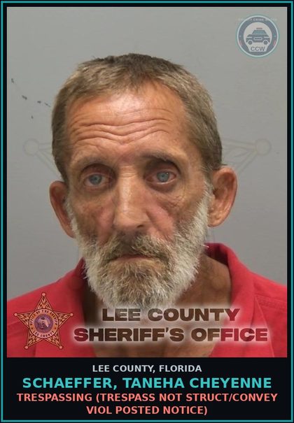 CCW arrest card for SCHAEFFER, TANEHA CHEYENNE in Lee County: TRESPASSING  (TRESPASS NOT STRUCT/CONVEY VIOL POSTED NOTICE)
