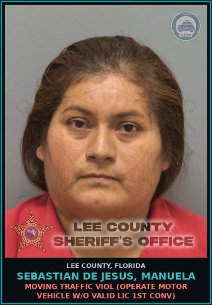 CCW arrest card for SEBASTIAN DE JESUS, MANUELA in Lee County: MOVING TRAFFIC VIOL  (OPERATE MOTOR VEHICLE W/O VALID LIC 1ST CONV)