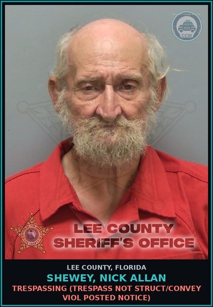 CCW arrest card for SHEWEY, NICK ALLAN in Lee County: TRESPASSING  (TRESPASS NOT STRUCT/CONVEY VIOL POSTED NOTICE)