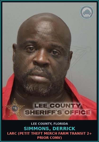 CCW arrest card for SIMMONS, DERRICK in Lee County: LARC  (PETIT THEFT MERCH FARM TRANSIT 2+ PRIOR CONV)