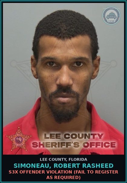 CCW arrest card for SIMONEAU, ROBERT RASHEED in Lee County: s3x OFFENDER VIOLATION  (FAIL TO REGISTER AS REQUIRED)