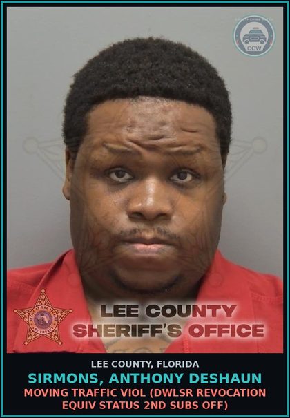 CCW arrest card for SIRMONS, ANTHONY DESHAUN in Lee County: MOVING TRAFFIC VIOL  (DWLSR REVOCATION EQUIV STATUS 2ND SUBS OFF)