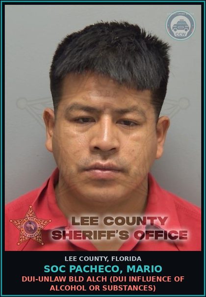 CCW arrest card for SOC PACHECO, MARIO in Lee County: DUI-UNLAW BLD ALCH  (DUI INFLUENCE OF ALCOHOL OR DRUGS)