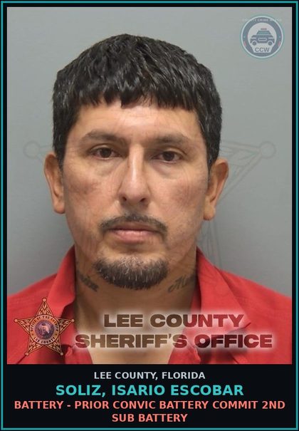CCW arrest card for SOLIZ, ISARIO ESCOBAR in Lee County: BATTERY - PRIOR CONVIC BATTERY COMMIT 2ND SUB BATTERY