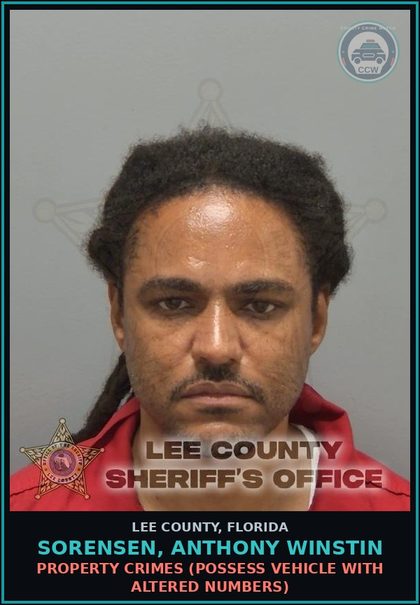 CCW arrest card for SORENSEN, ANTHONY WINSTIN in Lee County: PROPERTY CRIMES  (POSSESS VEHICLE WITH ALTERED NUMBERS)