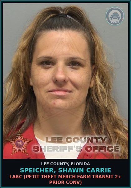 CCW arrest card for SPEICHER, SHAWN CARRIE in Lee County: LARC  (PETIT THEFT MERCH FARM TRANSIT 2+ PRIOR CONV)