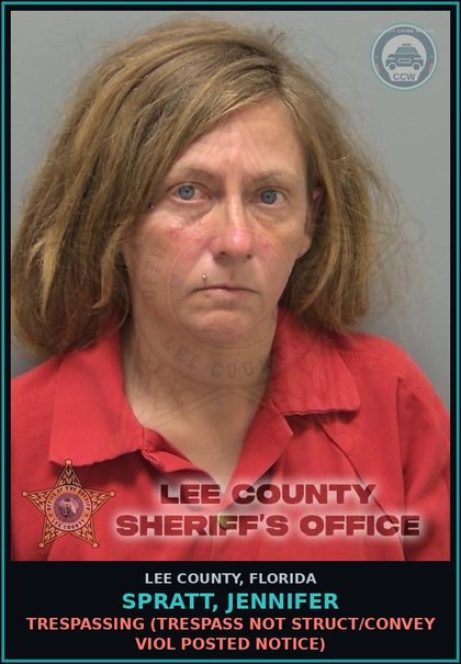 CCW arrest card for SPRATT, JENNIFER in Lee County: TRESPASSING  (TRESPASS NOT STRUCT/CONVEY VIOL POSTED NOTICE)