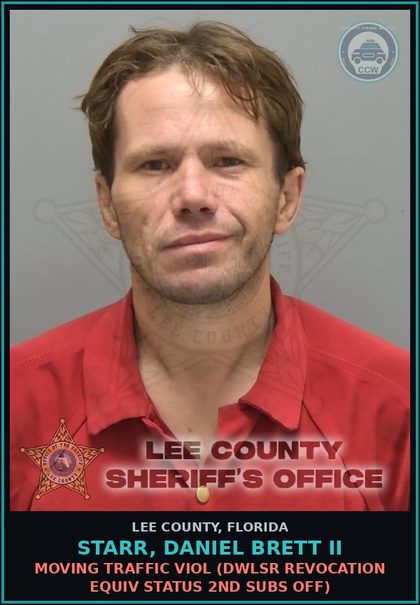 CCW arrest card for STARR, DANIEL BRETT II in Lee County: MOVING TRAFFIC VIOL  (DWLSR REVOCATION EQUIV STATUS 2ND SUBS OFF)