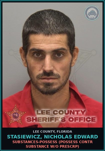 CCW arrest card for STASIEWICZ, NICHOLAS EDWARD in Lee County: DRUGS-POSSESS  (POSSESS contr substance W/O PRESCRIPTION)