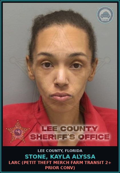 CCW arrest card for STONE, KAYLA ALYSSA in Lee County: LARC  (PETIT THEFT MERCH FARM TRANSIT 2+ PRIOR CONV)