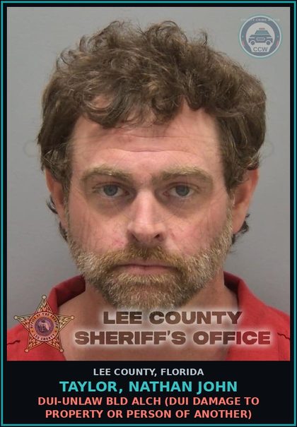 CCW arrest card for TAYLOR, NATHAN JOHN in Lee County: DUI-UNLAW BLD ALCH  (DUI DAMAGE TO PROPERTY OR PERSON OF ANOTHER)