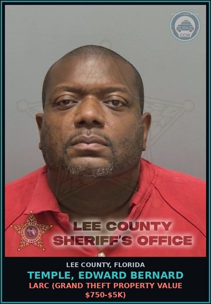 CCW arrest card for TEMPLE, EDWARD BERNARD in Lee County: LARC  (GRAND THEFT PROPERTY VALUE $750-$5K)