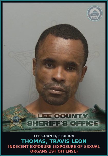 CCW arrest card for THOMAS, TRAVIS LEON in Lee County: INDECENT EXPOSURE  (EXPOSURE OF s3xual ORGANS 1ST OFFENSE)