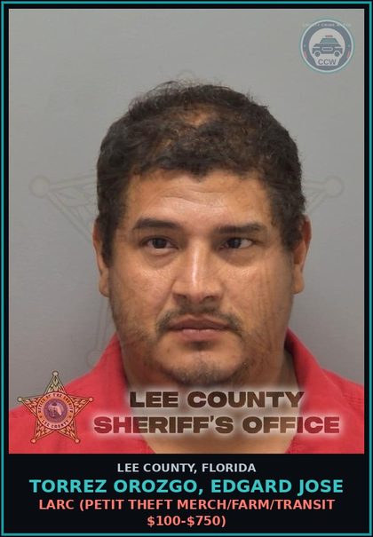 CCW arrest card for TORREZ OROZGO, EDGARD JOSE in Lee County: LARC  (PETIT THEFT MERCH/FARM/TRANSIT $100-$750)