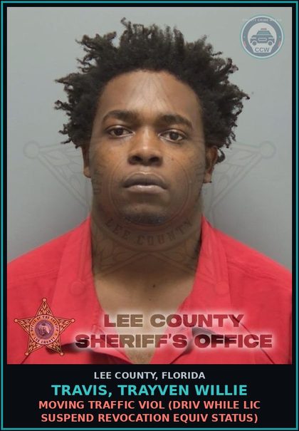 CCW arrest card for TRAVIS, TRAYVEN WILLIE in Lee County: MOVING TRAFFIC VIOL  (DRIV WHILE LIC SUSPEND REVOCATION EQUIV STATUS)