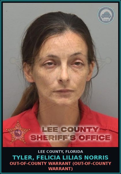 CCW arrest card for TYLER, FELICIA LILIAS NORRIS in Lee County: OUT-OF-COUNTY WARRANT  (OUT-OF-COUNTY WARRANT)