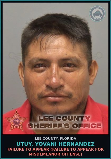CCW arrest card for UTUY, YOVANI HERNANDEZ in Lee County: FAILURE TO APPEAR  (FAILURE TO APPEAR FOR MISDEMEANOR OFFENSE)