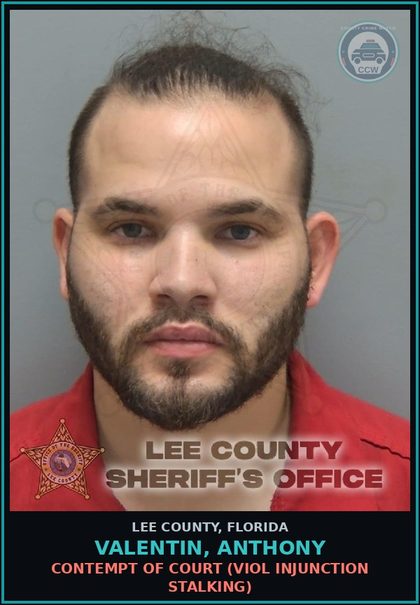 CCW arrest card for VALENTIN, ANTHONY in Lee County: CONTEMPT OF COURT  (VIOL INJUNCTION STALKING)