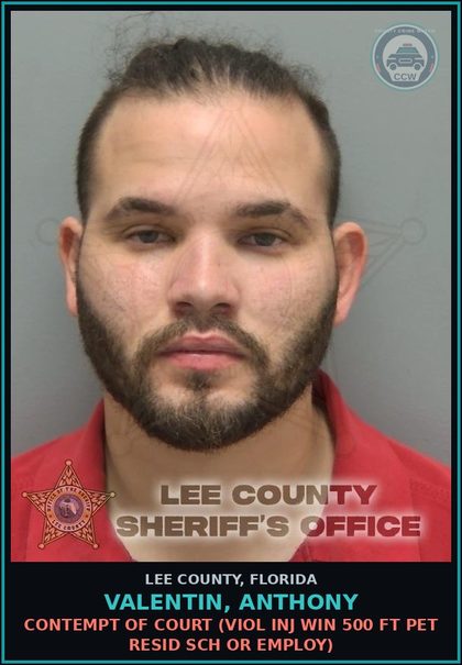 CCW arrest card for VALENTIN, ANTHONY in Lee County: CONTEMPT OF COURT  (VIOL INJ WIN 500 FT PET RESID SCH OR EMPLOY)