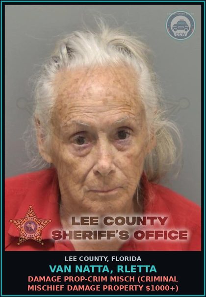 CCW arrest card for VAN NATTA, RLETTA in Lee County: DAMAGE PROP-CRIM MISCH  (CRIMINAL MISCHIEF DAMAGE PROPERTY $1000+)