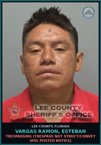 CCW arrest card for VARGAS RAMON, ESTEBAN in Lee County: TRESPASSING  (TRESPASS NOT STRUCT/CONVEY VIOL POSTED NOTICE)