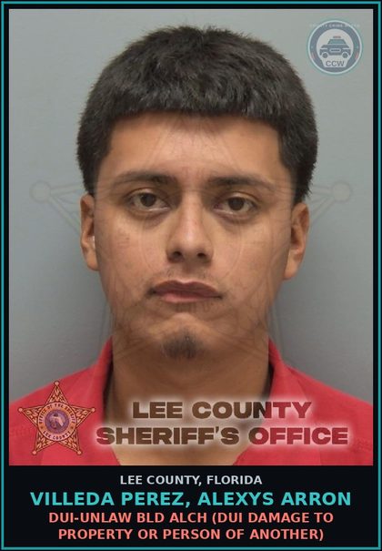 CCW arrest card for VILLEDA PEREZ, ALEXYS ARRON in Lee County: DUI-UNLAW BLD ALCH  (DUI DAMAGE TO PROPERTY OR PERSON OF ANOTHER)