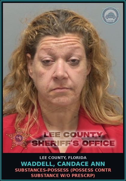 CCW arrest card for WADDELL, CANDACE ANN in Lee County: DRUGS-POSSESS  (POSSESS contr substance W/O PRESCRIPTION)