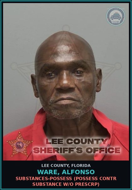 CCW arrest card for WARE, ALFONSO in Lee County: DRUGS-POSSESS  (POSSESS contr substance W/O PRESCRIPTION)