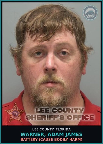 CCW arrest card for WARNER, ADAM JAMES in Lee County: BATTERY  (CAUSE BODILY HARM)