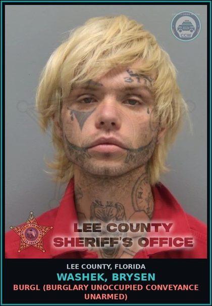 CCW arrest card for WASHEK, BRYSEN in Lee County: DRUGS-POSSESS  (POSSESS contr substance W/O PRESCRIPTION)