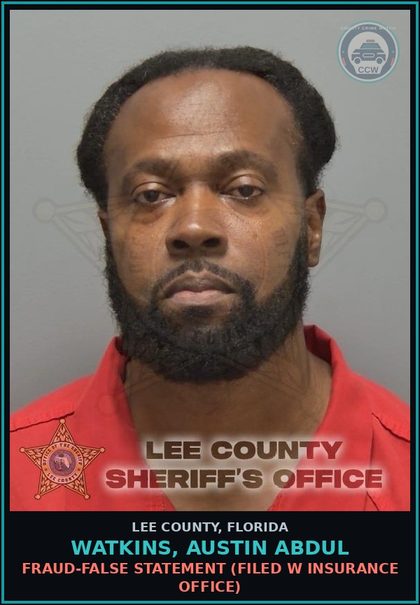 CCW arrest card for WATKINS, AUSTIN ABDUL in Lee County: FRAUD-FALSE STATEMENT  (FILED W INSURANCE OFFICE)