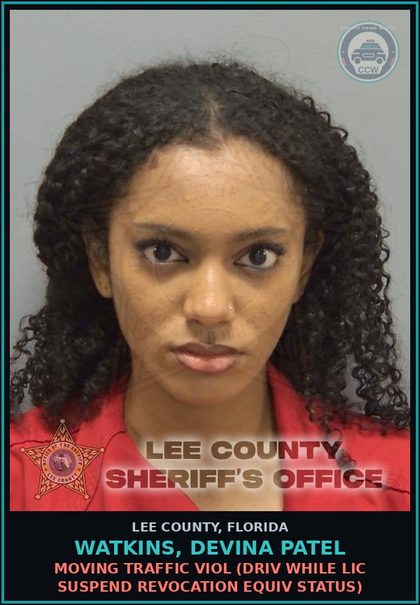 CCW arrest card for WATKINS, DEVINA PATEL in Lee County: MOVING TRAFFIC VIOL  (DRIV WHILE LIC SUSPEND REVOCATION EQUIV STATUS)