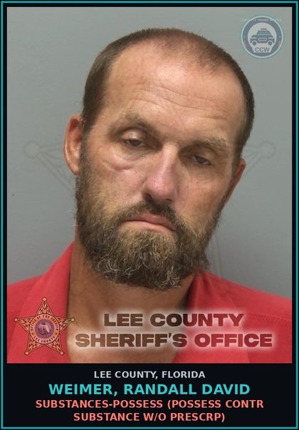 CCW arrest card for WEIMER, RANDALL DAVID in Lee County: DRUGS-POSSESS  (POSSESS contr substance W/O PRESCRIPTION)
