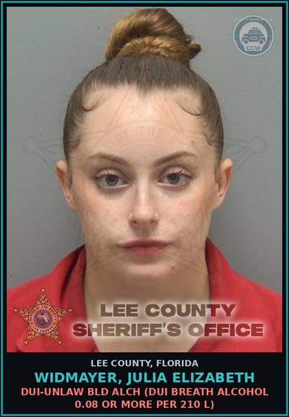 CCW arrest card for WIDMAYER, JULIA ELIZABETH in Lee County: DUI-UNLAW BLD ALCH  (DUI BREATH ALCOHOL 0.08 OR MORE PER 210 L)