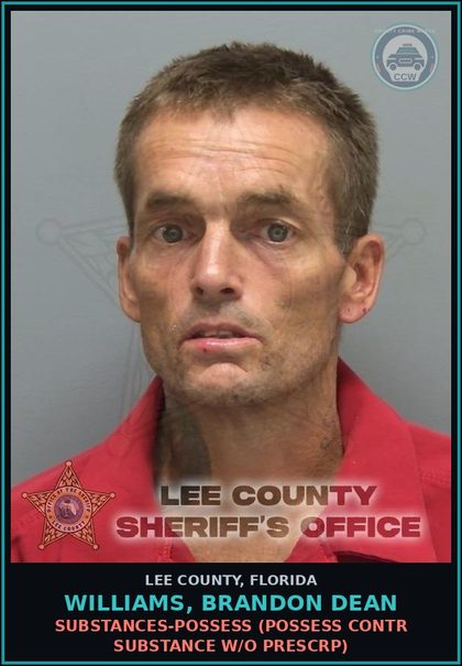 CCW arrest card for WILLIAMS, BRANDON DEAN in Lee County: DRUGS-POSSESS  (POSSESS contr substance W/O PRESCRIPTION)