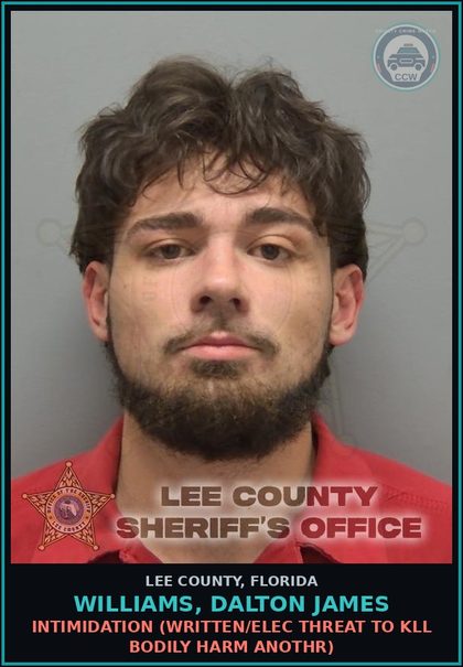 CCW arrest card for WILLIAMS, DALTON JAMES in Lee County: INTIMIDATION  (WRITTEN/ELEC THREAT TO KILL BODILY HARM ANOTHR)