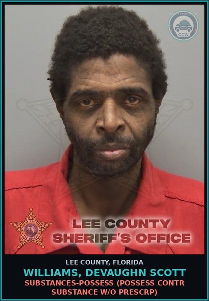 CCW arrest card for WILLIAMS, DEVAUGHN SCOTT in Lee County: DRUGS-POSSESS  (POSSESS contr substance W/O PRESCRIPTION)