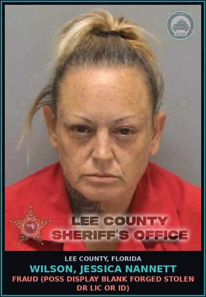 CCW arrest card for WILSON, JESSICA NANNETT in Lee County: FRAUD  (POSS DISPLAY BLANK FORGED STOLEN DR LIC OR ID)