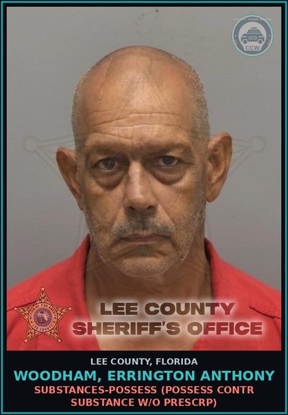 CCW arrest card for WOODHAM, ERRINGTON ANTHONY in Lee County: DRUGS-POSSESS  (POSSESS contr substance W/O PRESCRIPTION)