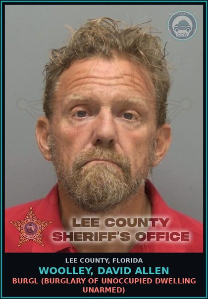 CCW arrest card for WOOLLEY, DAVID ALLEN in Lee County: BURGL  (BURGLARY OF UNOCCUPIED DWELLING UNARMED)