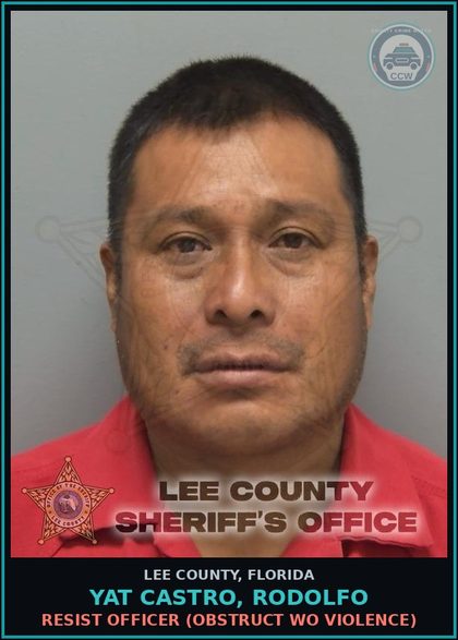 CCW arrest card for YAT CASTRO, RODOLFO in Lee County: RESIST OFFICER  (OBSTRUCT WO VIOLENCE)