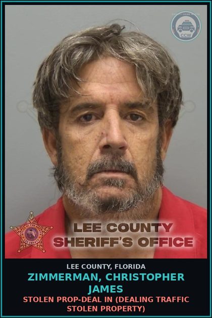 CCW arrest card for ZIMMERMAN, CHRISTOPHER JAMES in Lee County: STOLEN PROP-DEAL IN  (DEALING TRAFFIC STOLEN PROPERTY)