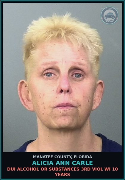 CCW arrest card for ALICIA ANN CARLE in Manatee County: DUI ALCOHOL OR DRUGS 3RD VIOL WI 10 YEARS