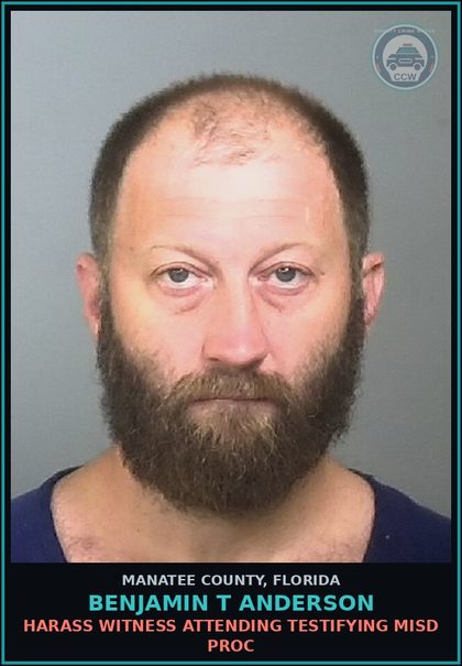 CCW arrest card for BENJAMIN T ANDERSON in Manatee County: HARASS WITNESS ATTENDING TESTIFYING MISD PROC