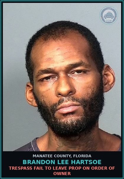 CCW arrest card for BRANDON LEE HARTSOE in Manatee County: TRESPASS FAIL TO LEAVE PROP ON ORDER OF OWNER