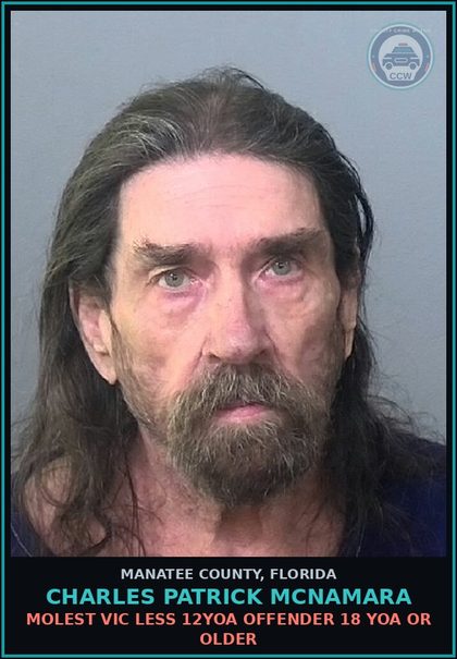 CCW arrest card for CHARLES PATRICK MCNAMARA in Manatee County: MOLEST VIC LESS 12YOA OFFENDER 18 YOA OR OLDER