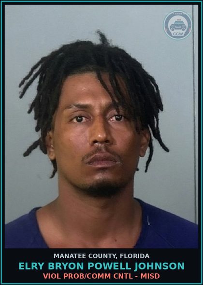 CCW arrest card for ELRY BRYON POWELL JOHNSON in Manatee County: VIOL PROB/COMM CNTL - MISD